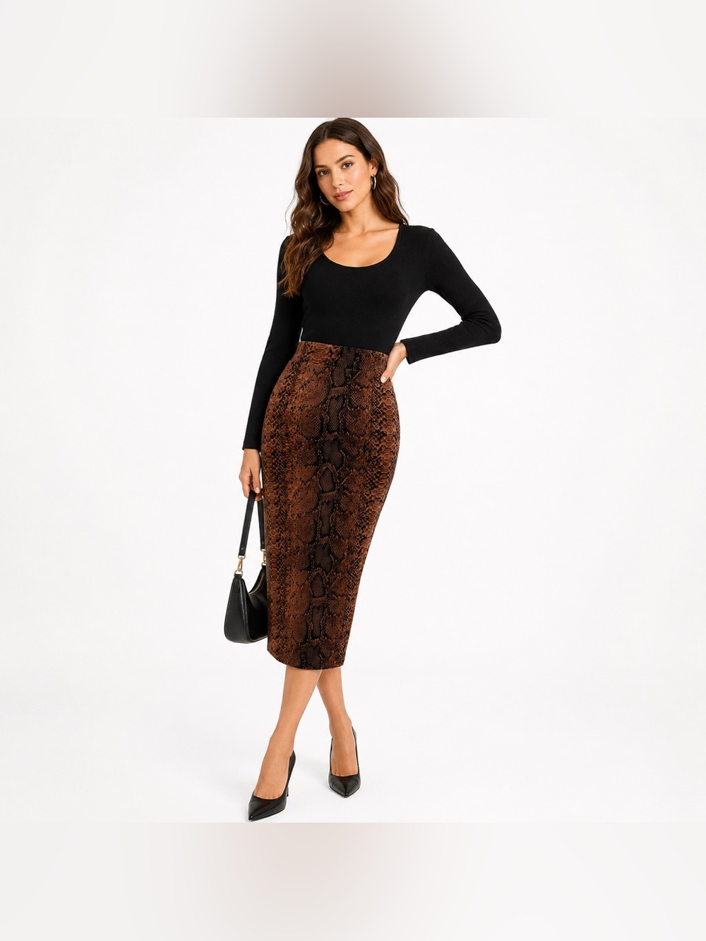 Bar III Brown Snake Print Pencil Midi Skirt Bodycon Stretch Career Chic Skirt